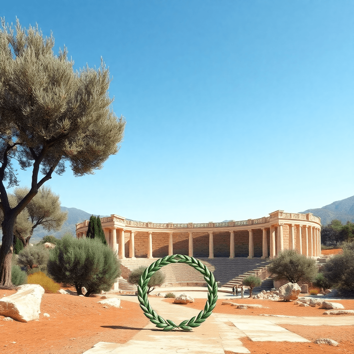 Ókori görög táj, az Olimpiai stadion romjaival, olajfákkal és tiszta kék éggel. Előtérben babérkoszorú a győzelem és hagyomány szimbólumaként.