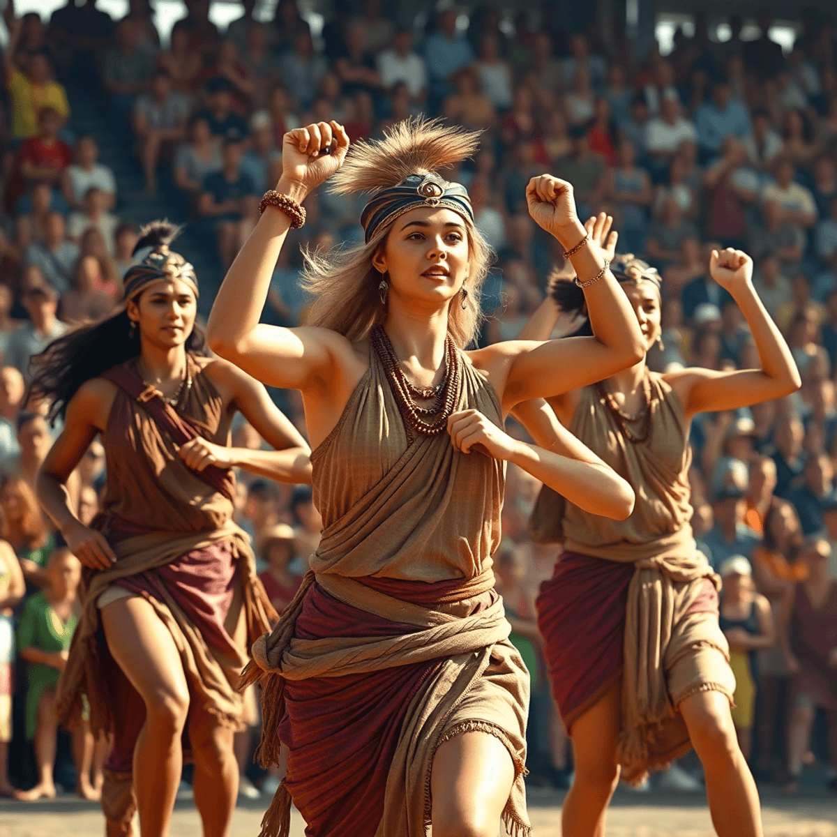 Ősi olimpiai sportolók hagyományos öltözetben, erejüket és eltökéltségüket bemutatva, lelkes közönség ünnepli a verseny szellemét és a női sportolók megerősítését.