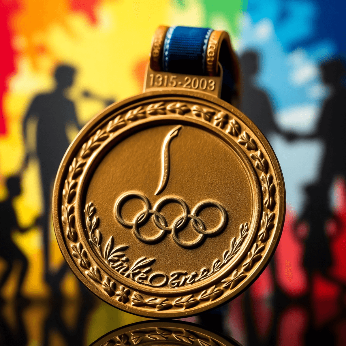 Részletesen kidolgozott Paralimpiai aranyérem közeli képe, színes absztrakt mintákkal és sziluettekkel, amelyek a sokszínűséget és elfogadást szimbolizálják.