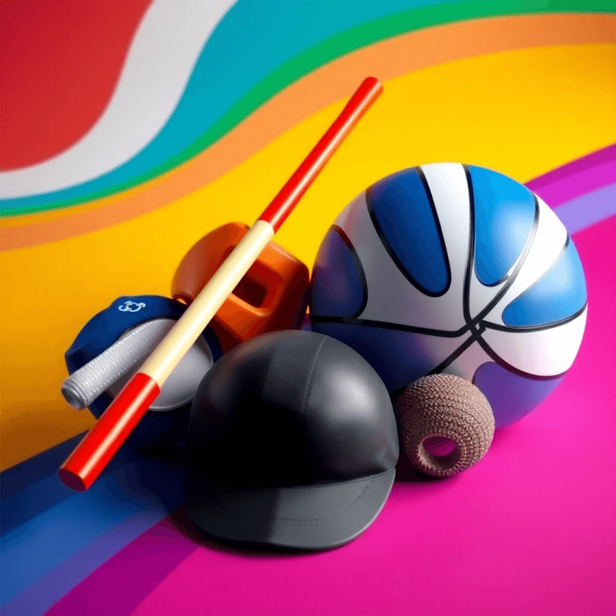 Színes háttéren elhelyezett különböző olimpiai sporteszközök, mint például gerely, úszósapka és kosárlabda, izgalmat és inspirációt sugallva.