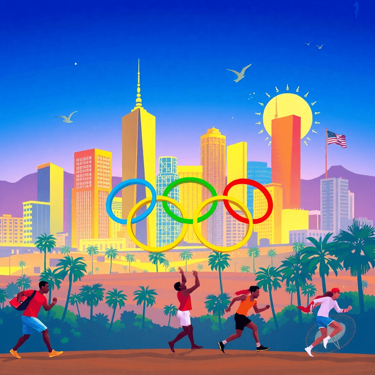 Színes illusztráció Los Angeles ikonikus látképéről, olimpiai gyűrűkkel és mozgásban lévő sportolókkal, ünnepi hangulatot sugallva.
