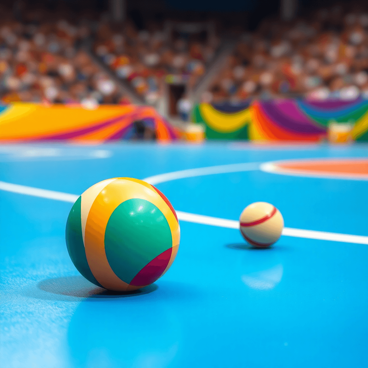 Színes pályán elhelyezett boccia és rattling labda, a háttérben buzdító tömeg, a paralimpiai sportok szellemiségét tükrözve.